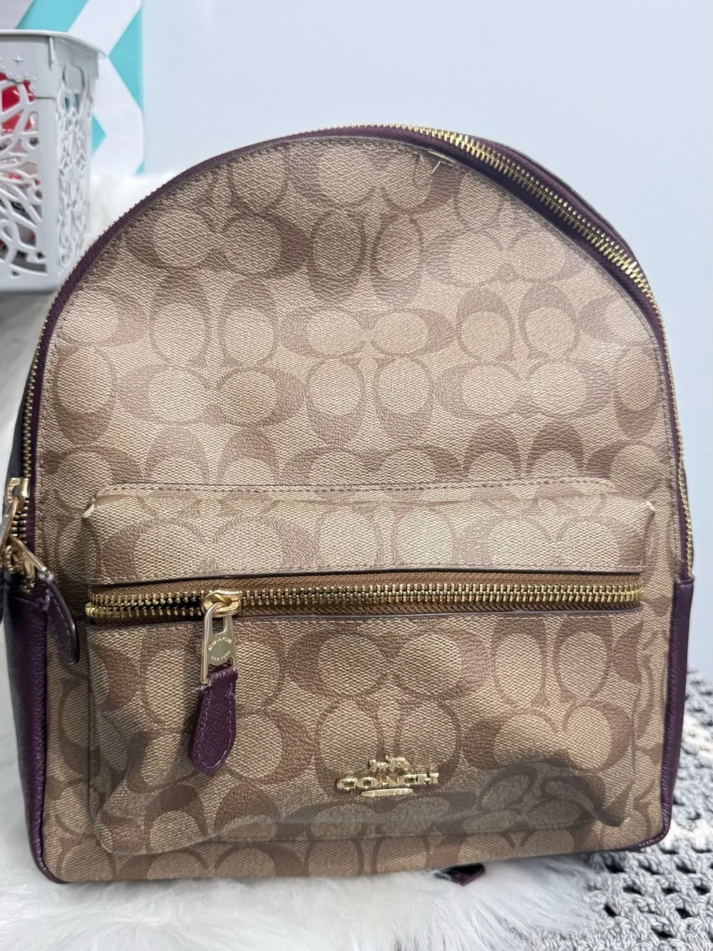 Coach Brown Signature Canvas Backpack and Wallet with Purple Trim